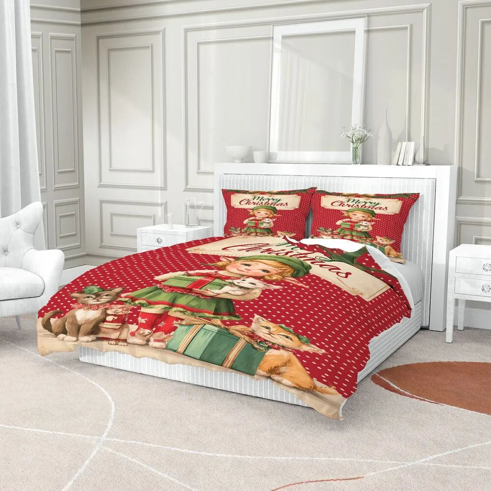 Christmas Vintage Elf Cats Merry Christmas Red Polka Dot Christmas Gift Duvet Cover Set Kids Bedding Set