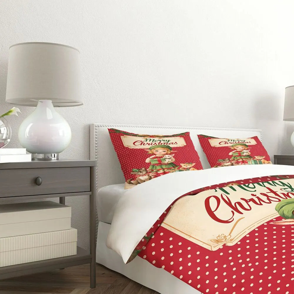 Christmas Vintage Elf Cats Merry Christmas Red Polka Dot Christmas Gift Duvet Cover Set Kids Bedding Set