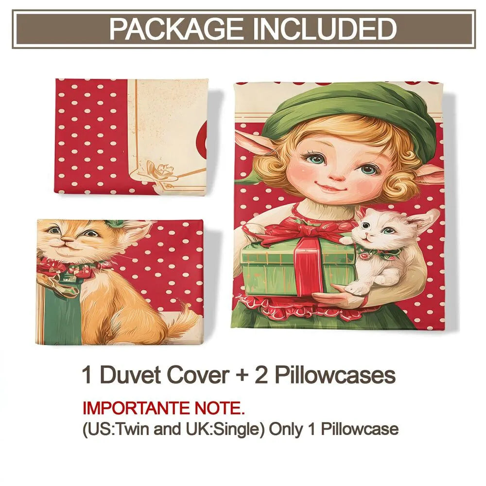 Christmas Vintage Elf Cats Merry Christmas Red Polka Dot Christmas Gift Duvet Cover Set Kids Bedding Set