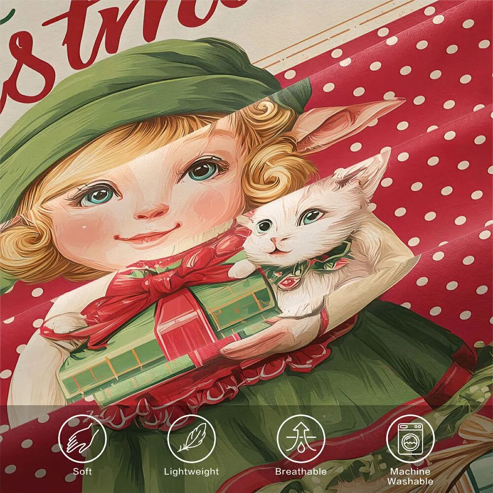 Christmas Vintage Elf Cats Merry Christmas Red Polka Dot Christmas Gift Duvet Cover Set Kids Bedding Set
