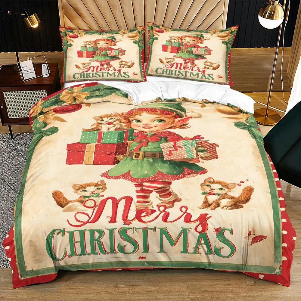 Christmas Vintage Elf Kittens Gifts Merry Christmas Beige Christmas Gift Duvet Cover Set Kids Bedding Set