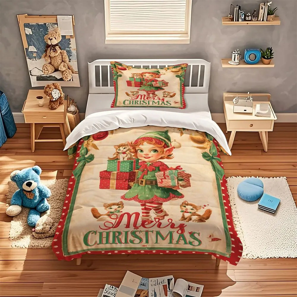 Christmas Vintage Elf Kittens Gifts Merry Christmas Beige Christmas Gift Duvet Cover Set Kids Bedding Set