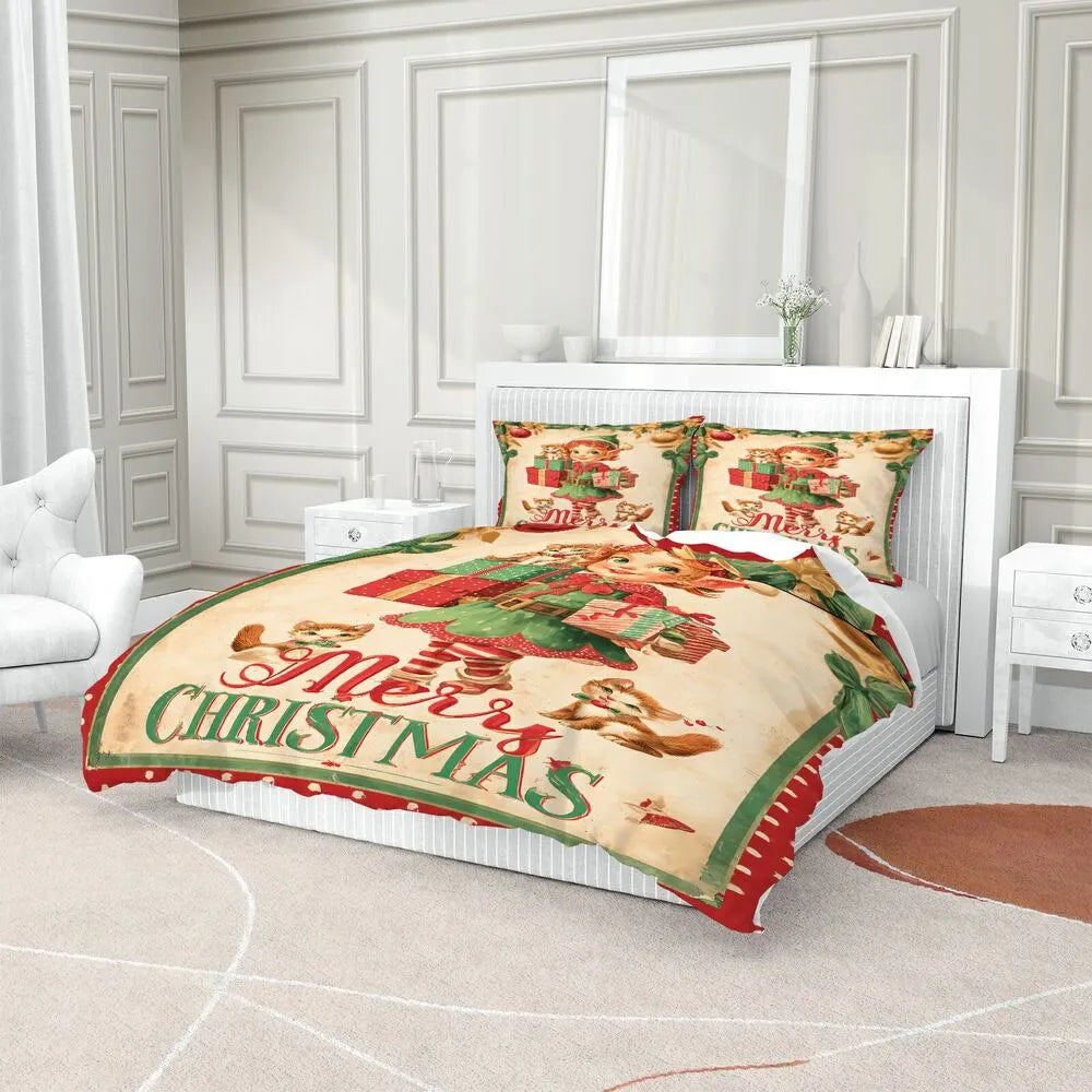 Christmas Vintage Elf Kittens Gifts Merry Christmas Beige Christmas Gift Duvet Cover Set Kids Bedding Set