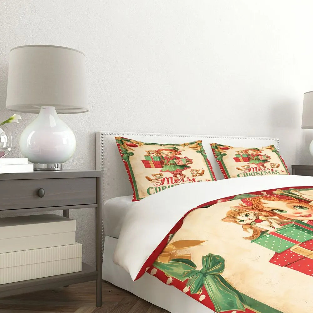 Christmas Vintage Elf Kittens Gifts Merry Christmas Beige Christmas Gift Duvet Cover Set Kids Bedding Set