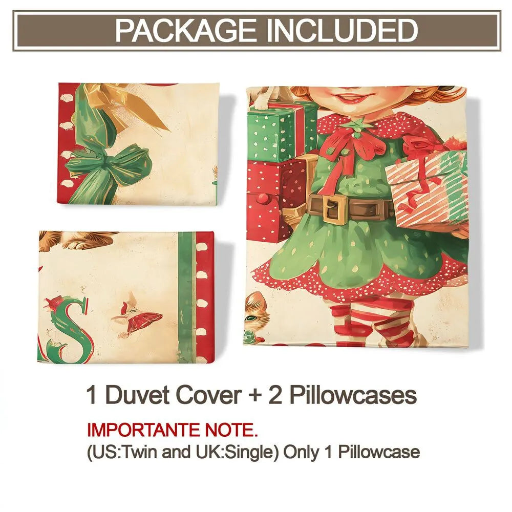 Christmas Vintage Elf Kittens Gifts Merry Christmas Beige Christmas Gift Duvet Cover Set Kids Bedding Set