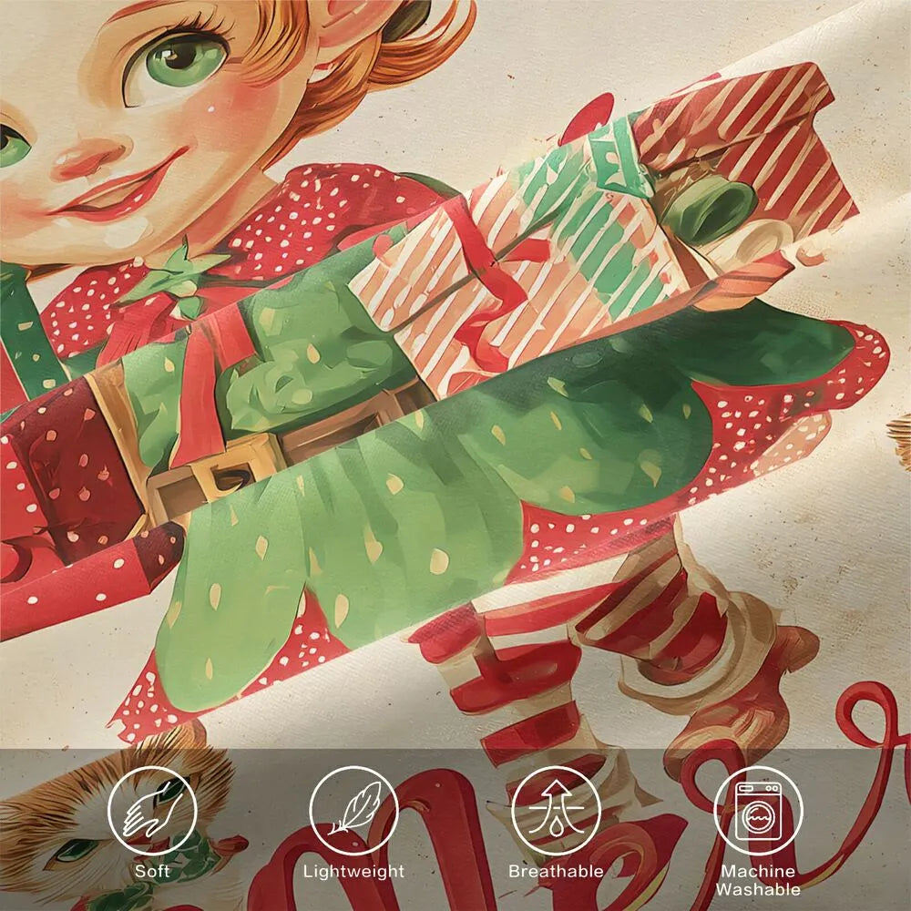 Christmas Vintage Elf Kittens Gifts Merry Christmas Beige Christmas Gift Duvet Cover Set Kids Bedding Set