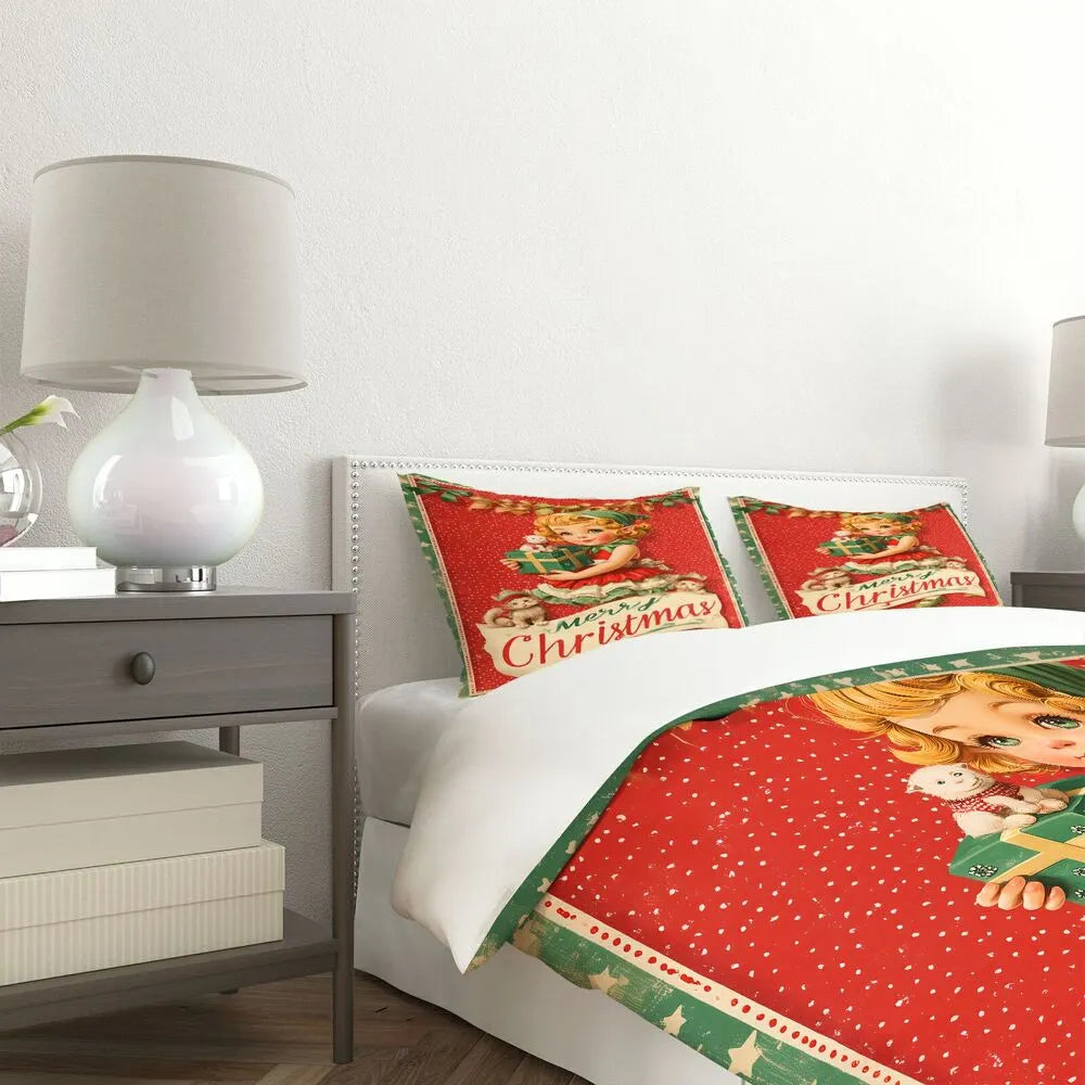 Christmas Vintage Elf Kittens Merry Christmas Red Green Christmas Gift Duvet Cover Set Kids Bedding Set