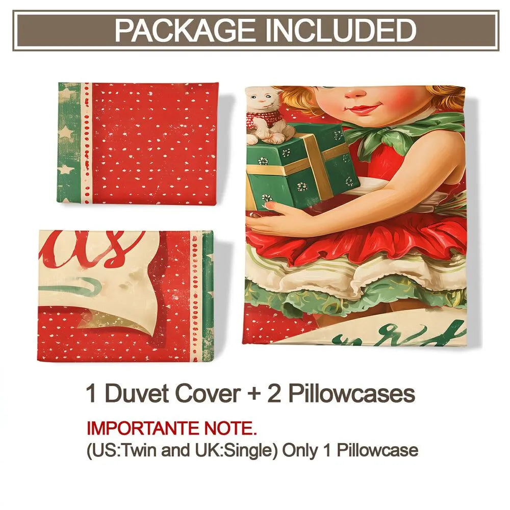 Christmas Vintage Elf Kittens Merry Christmas Red Green Christmas Gift Duvet Cover Set Kids Bedding Set