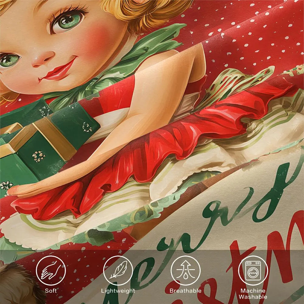 Christmas Vintage Elf Kittens Merry Christmas Red Green Christmas Gift Duvet Cover Set Kids Bedding Set