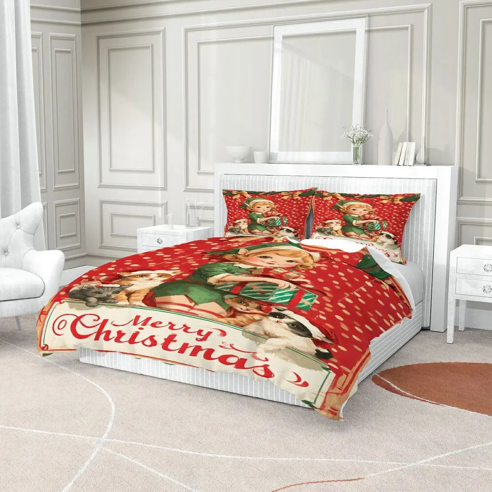 Christmas Vintage Elf Kittens Merry Christmas Red Polka Dot Christmas Gift Duvet Cover Set Kids Bedding Set