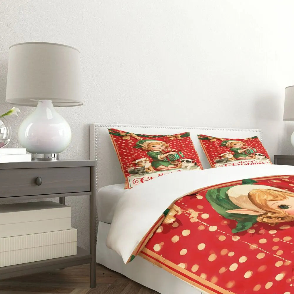 Christmas Vintage Elf Kittens Merry Christmas Red Polka Dot Christmas Gift Duvet Cover Set Kids Bedding Set