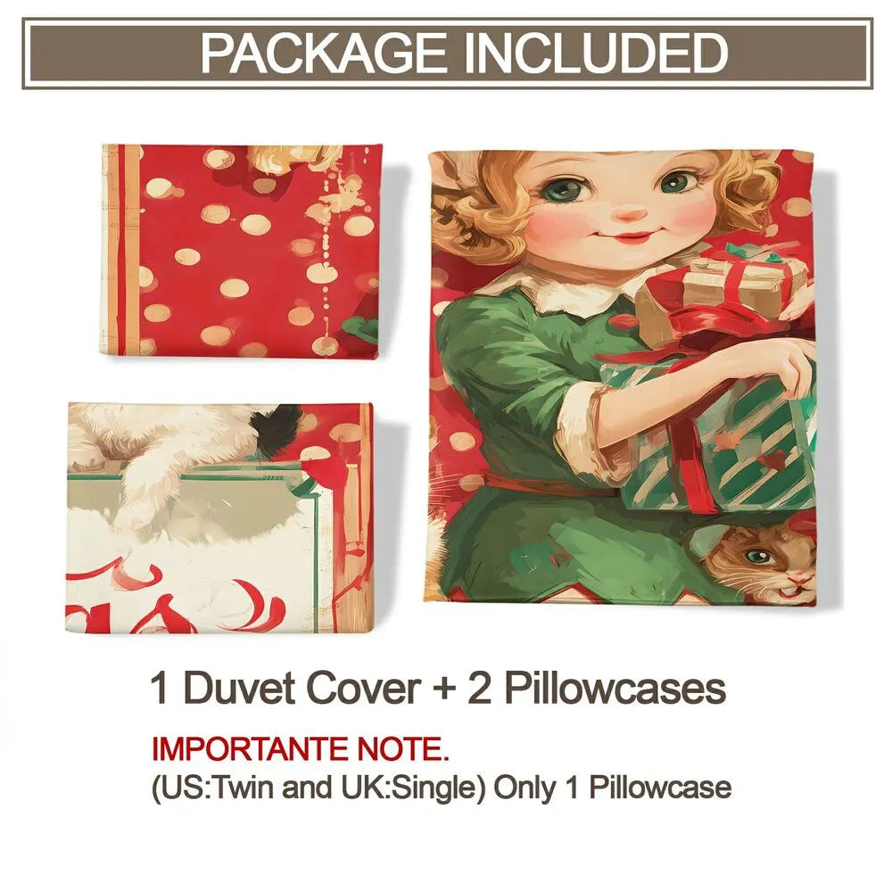 Christmas Vintage Elf Kittens Merry Christmas Red Polka Dot Christmas Gift Duvet Cover Set Kids Bedding Set