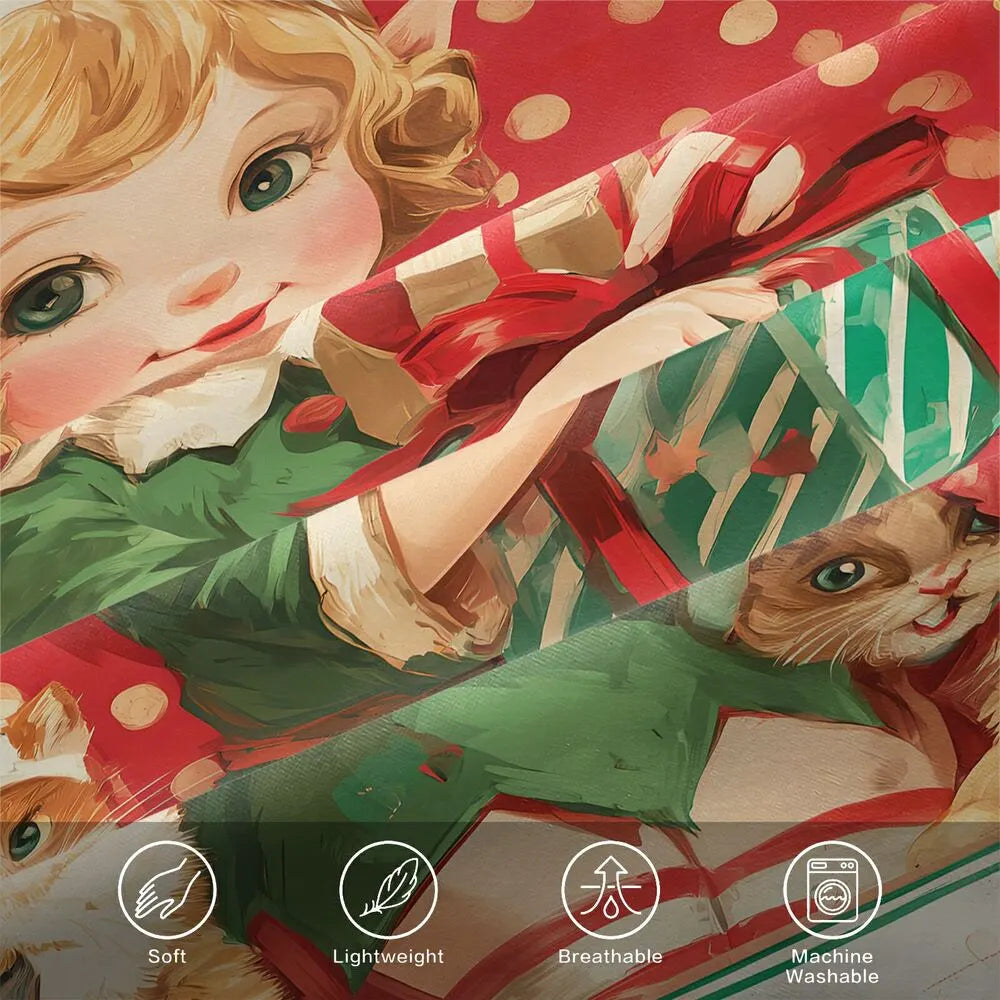 Christmas Vintage Elf Kittens Merry Christmas Red Polka Dot Christmas Gift Duvet Cover Set Kids Bedding Set