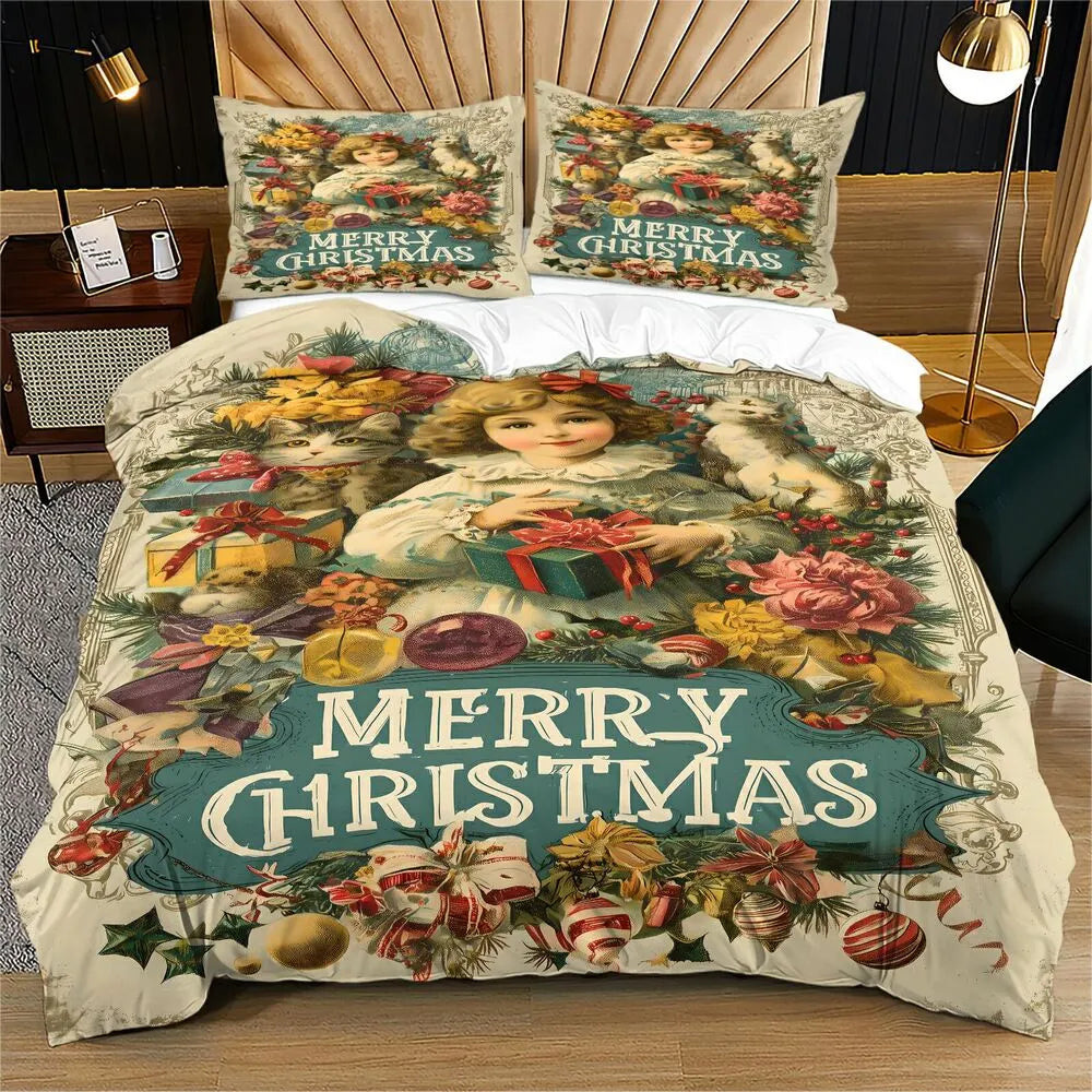 Christmas Vintage Girl Cats Merry Christmas Beige Christmas Gift Duvet Cover Set Kids Bedding Set