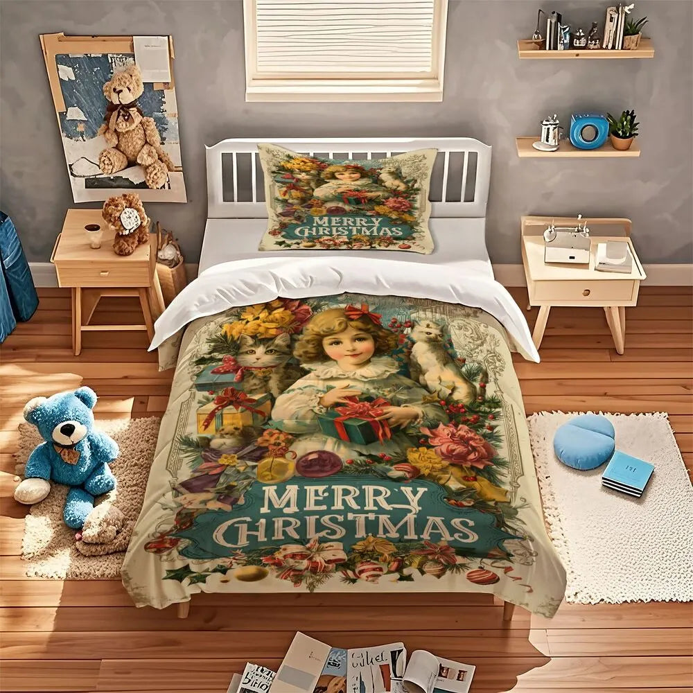 Christmas Vintage Girl Cats Merry Christmas Beige Christmas Gift Duvet Cover Set Kids Bedding Set