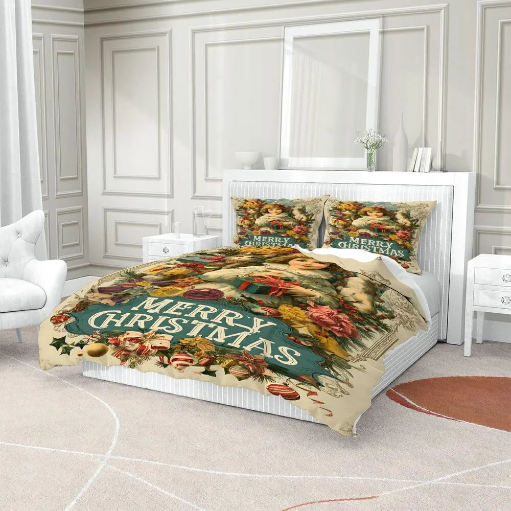 Christmas Vintage Girl Cats Merry Christmas Beige Christmas Gift Duvet Cover Set Kids Bedding Set