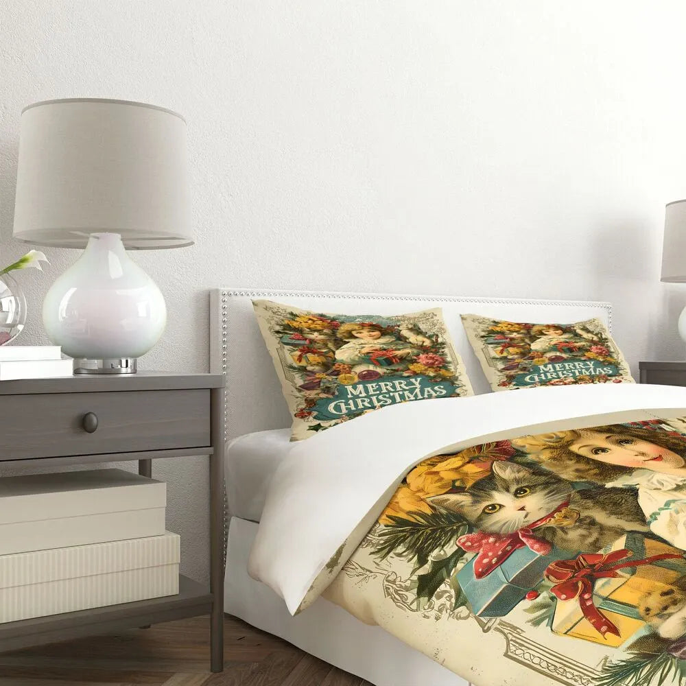 Christmas Vintage Girl Cats Merry Christmas Beige Christmas Gift Duvet Cover Set Kids Bedding Set