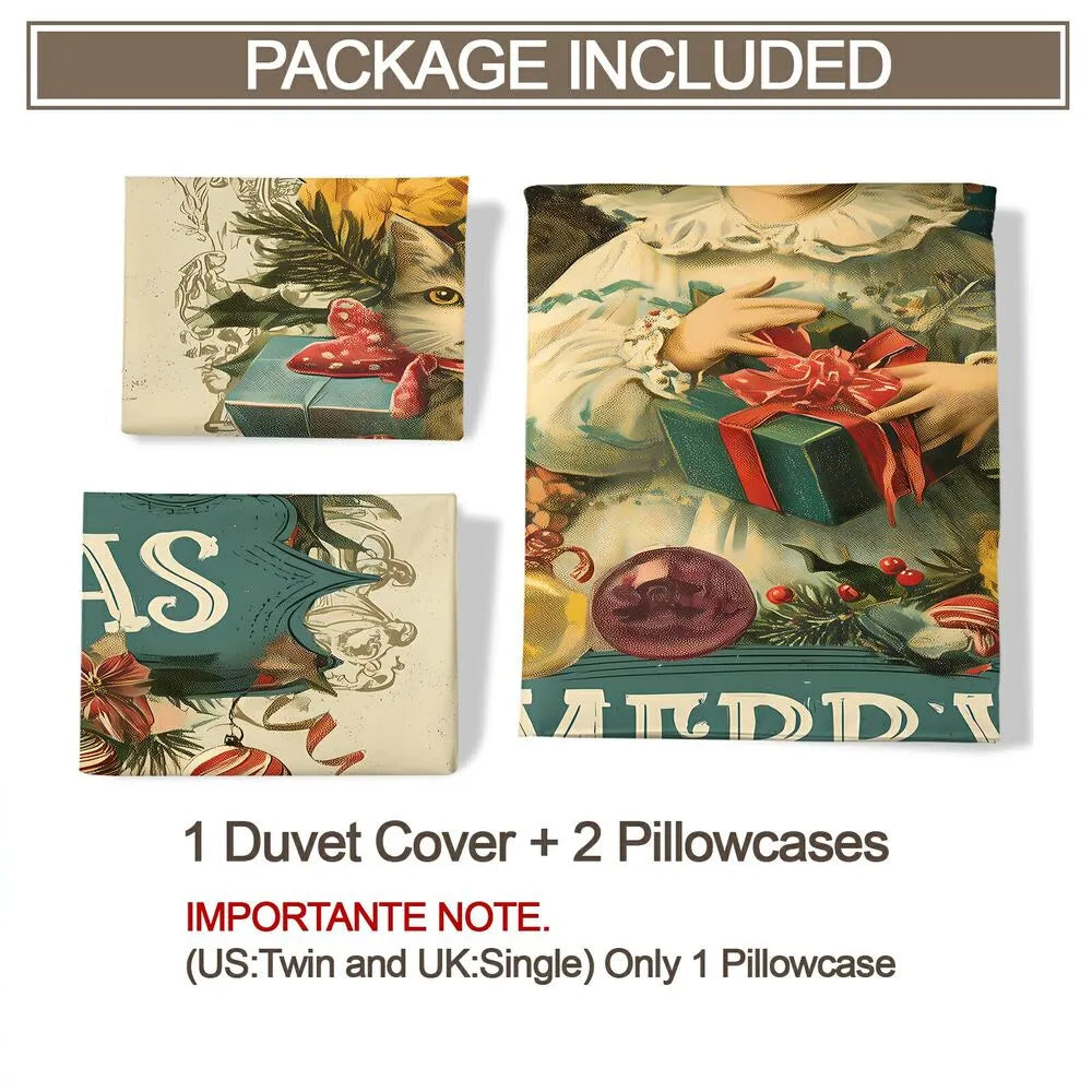 Christmas Vintage Girl Cats Merry Christmas Beige Christmas Gift Duvet Cover Set Kids Bedding Set