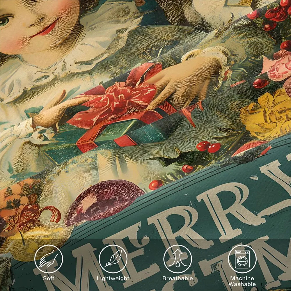 Christmas Vintage Girl Cats Merry Christmas Beige Christmas Gift Duvet Cover Set Kids Bedding Set