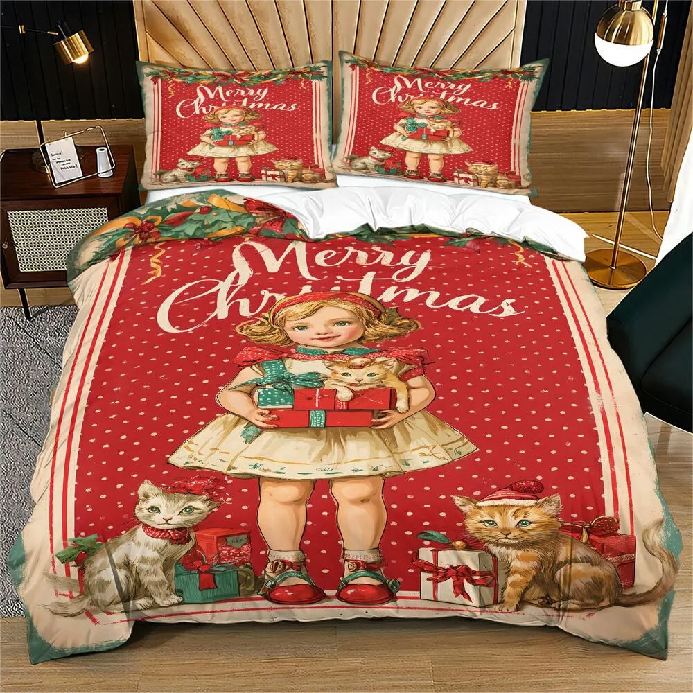 Christmas Vintage Girl Kittens Merry Christmas Red Polka Dot Christmas Gift Duvet Cover Set Kids Bedding Set