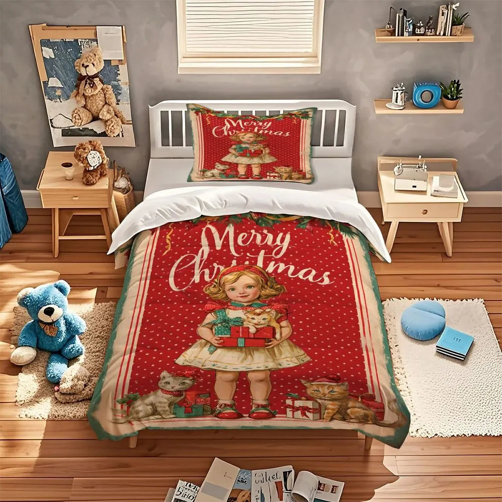 Christmas Vintage Girl Kittens Merry Christmas Red Polka Dot Christmas Gift Duvet Cover Set Kids Bedding Set