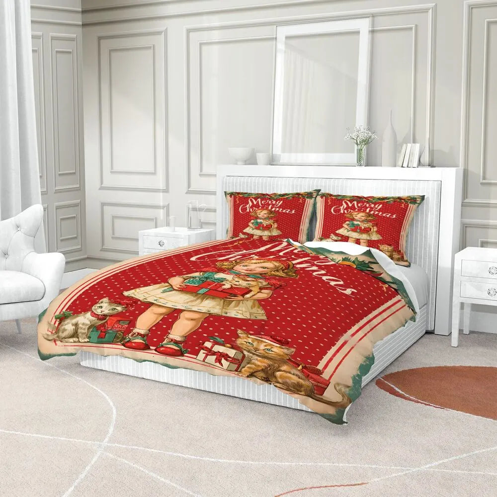 Christmas Vintage Girl Kittens Merry Christmas Red Polka Dot Christmas Gift Duvet Cover Set Kids Bedding Set