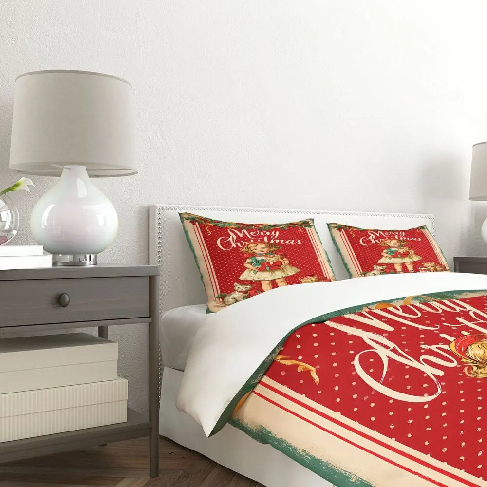 Christmas Vintage Girl Kittens Merry Christmas Red Polka Dot Christmas Gift Duvet Cover Set Kids Bedding Set
