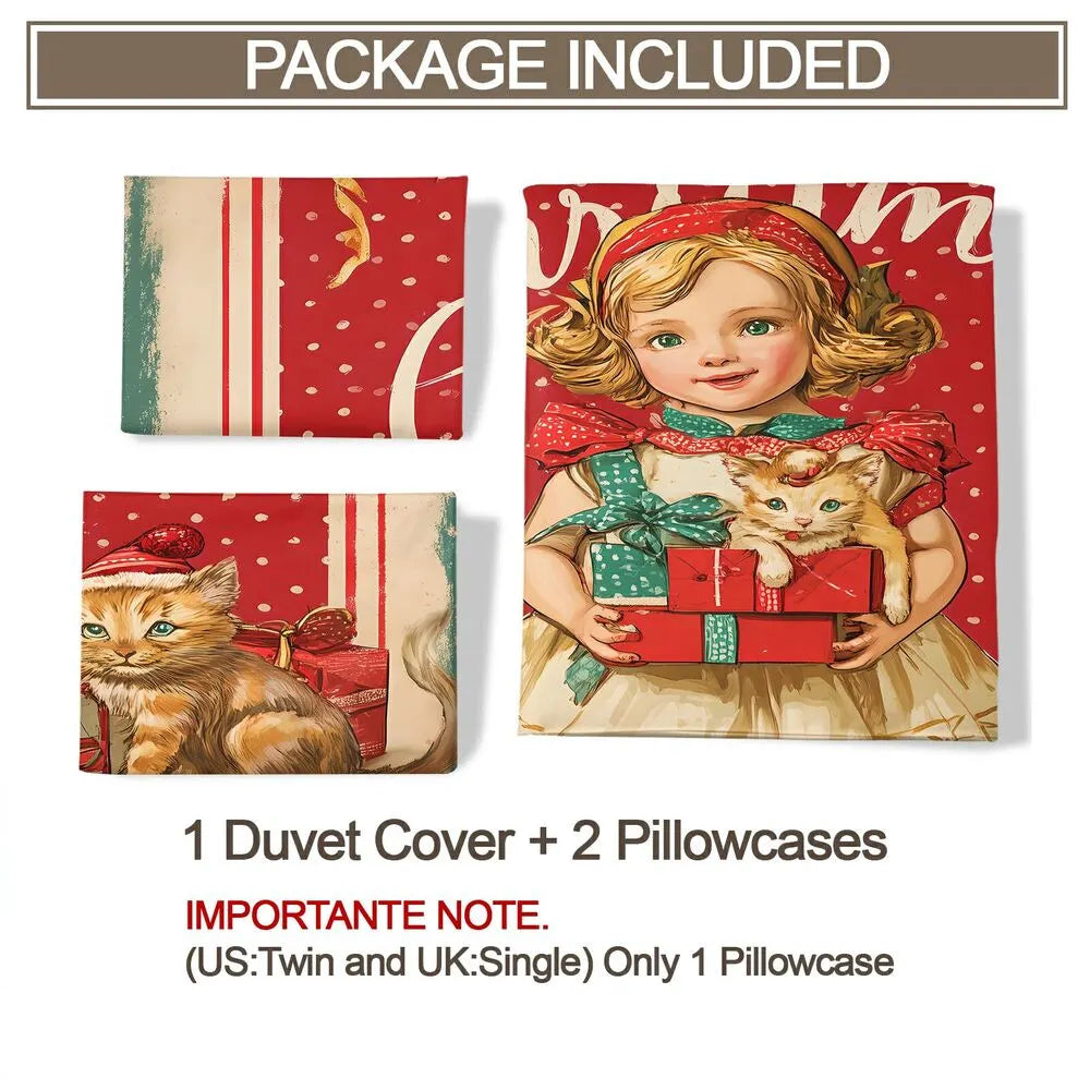 Christmas Vintage Girl Kittens Merry Christmas Red Polka Dot Christmas Gift Duvet Cover Set Kids Bedding Set