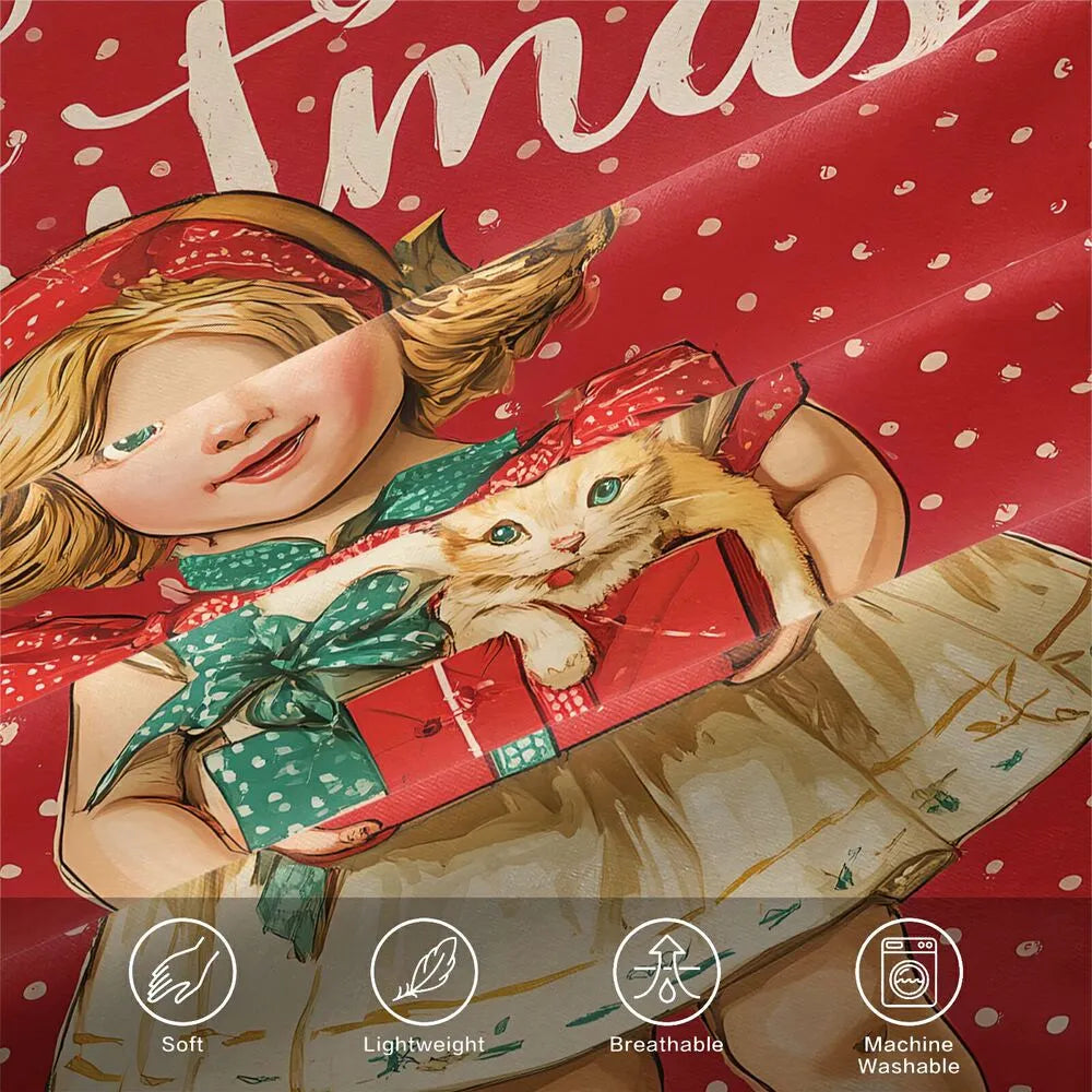 Christmas Vintage Girl Kittens Merry Christmas Red Polka Dot Christmas Gift Duvet Cover Set Kids Bedding Set