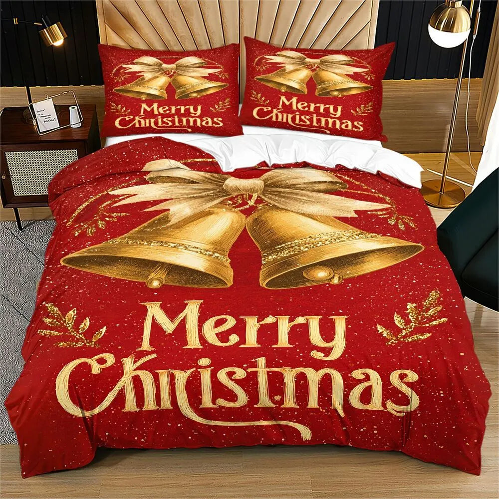 Christmas Vintage Golden Bells Merry Christmas Red Christmas Gift Duvet Cover Set Kids Bedding Set
