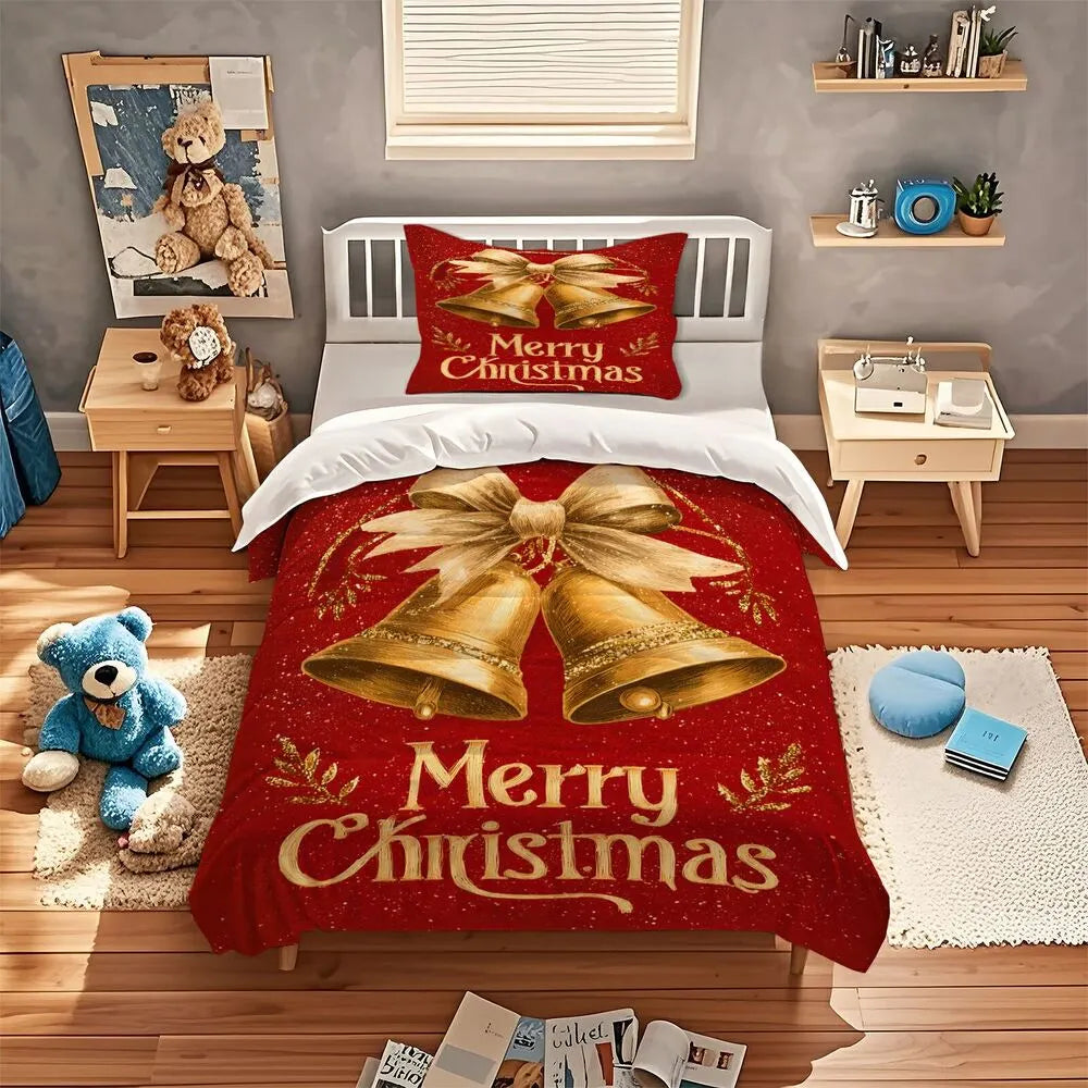 Christmas Vintage Golden Bells Merry Christmas Red Christmas Gift Duvet Cover Set Kids Bedding Set