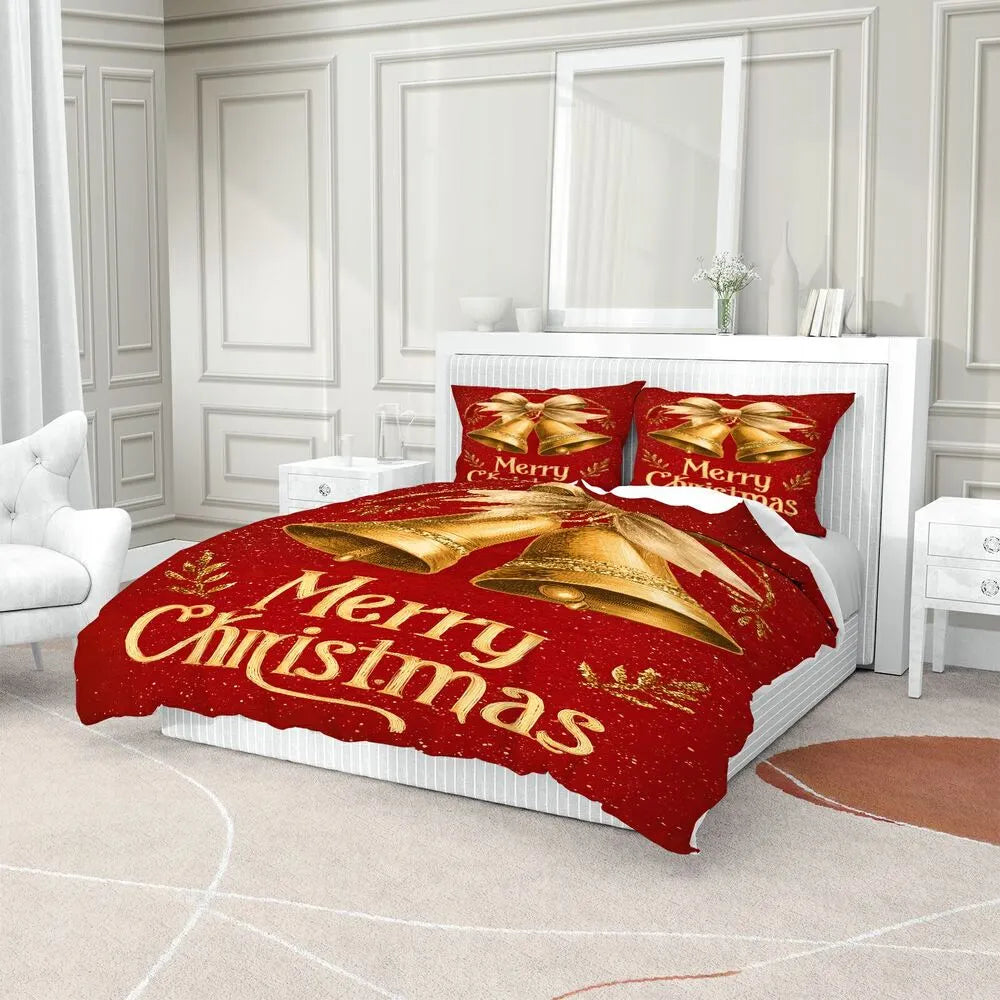 Christmas Vintage Golden Bells Merry Christmas Red Christmas Gift Duvet Cover Set Kids Bedding Set