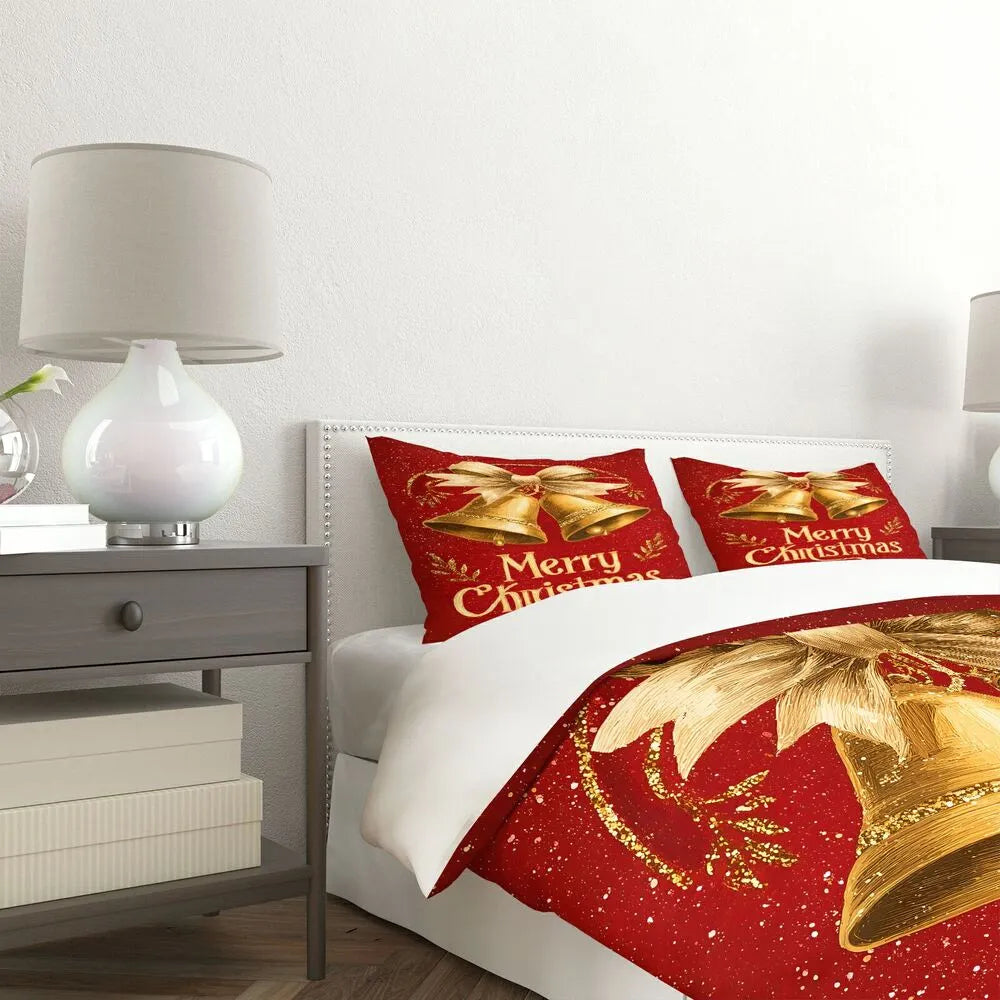 Christmas Vintage Golden Bells Merry Christmas Red Christmas Gift Duvet Cover Set Kids Bedding Set