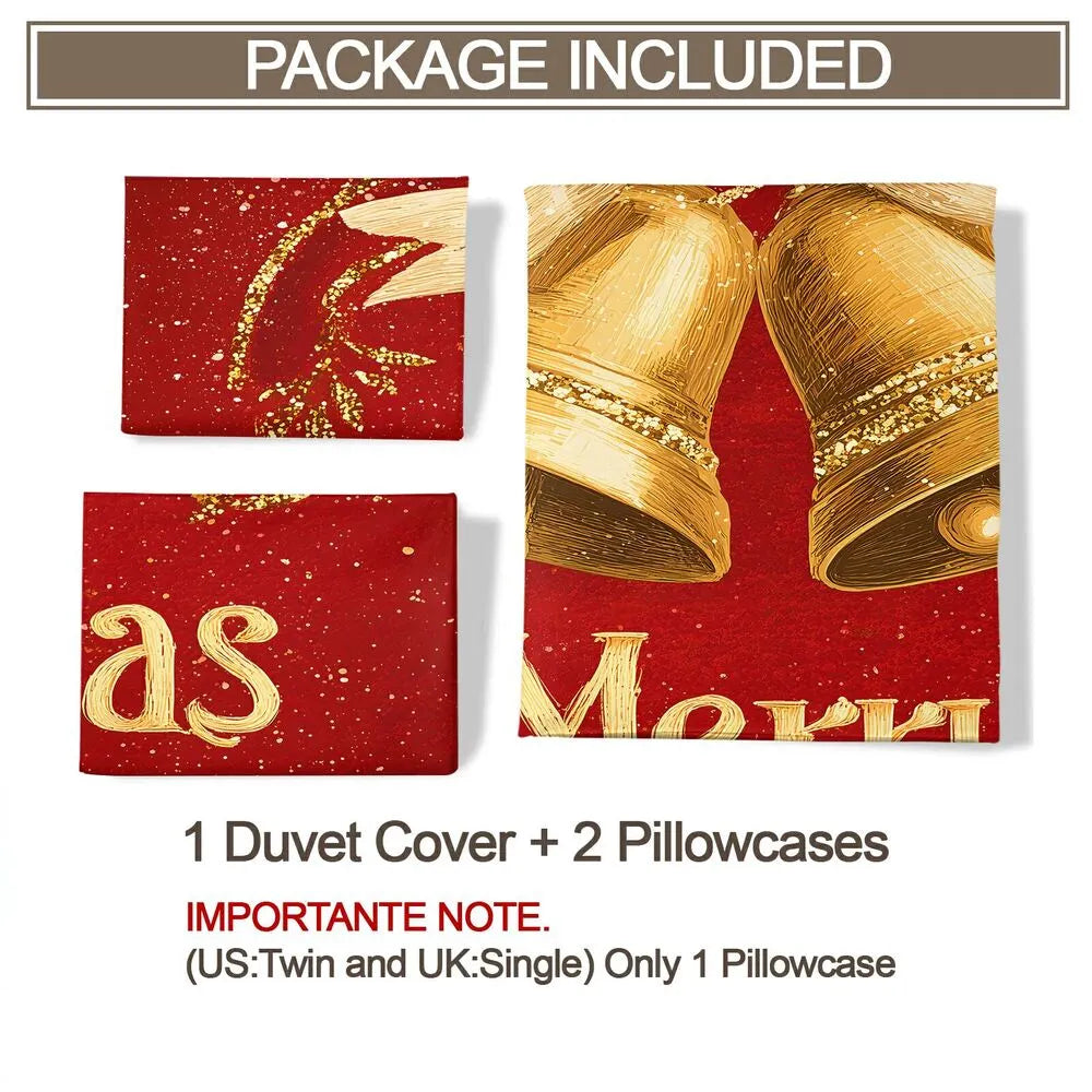 Christmas Vintage Golden Bells Merry Christmas Red Christmas Gift Duvet Cover Set Kids Bedding Set