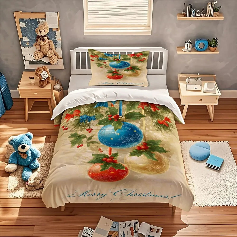 Christmas Vintage Ornaments Merry Christmas Beige Christmas Gift Duvet Cover Set Kids Bedding Set