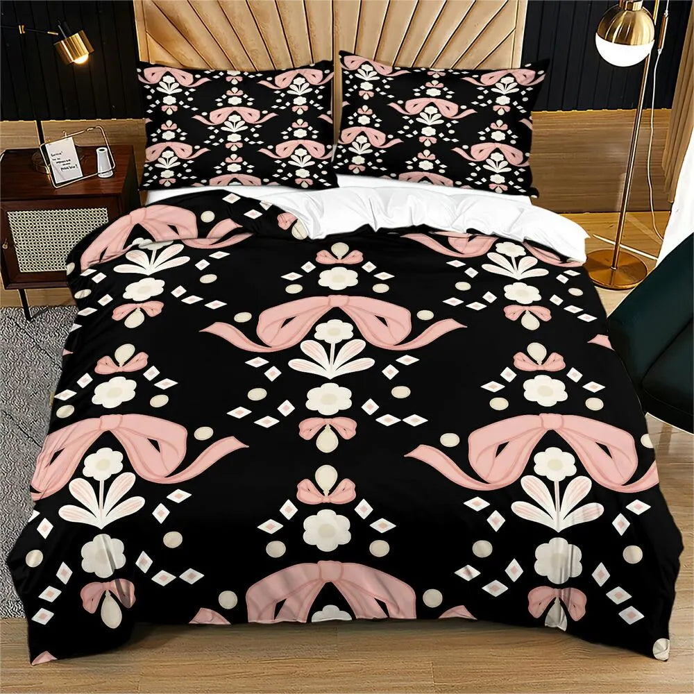 Christmas Vintage Pink Bow Floral Black Christmas Gift Duvet Cover Set Kids Bedding Set