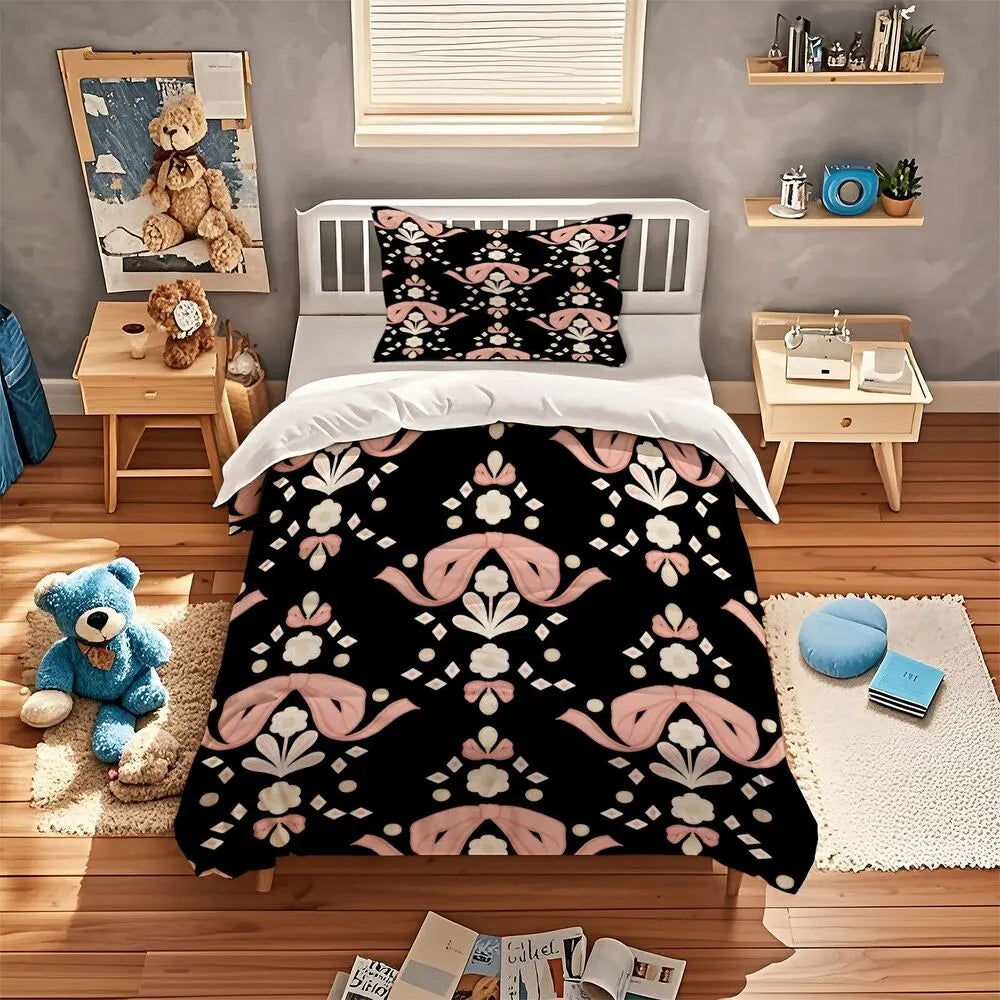 Christmas Vintage Pink Bow Floral Black Christmas Gift Duvet Cover Set Kids Bedding Set