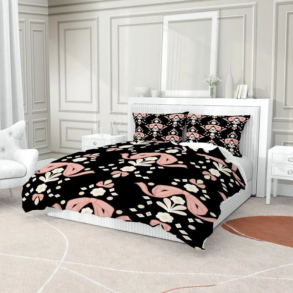 Christmas Vintage Pink Bow Floral Black Christmas Gift Duvet Cover Set Kids Bedding Set