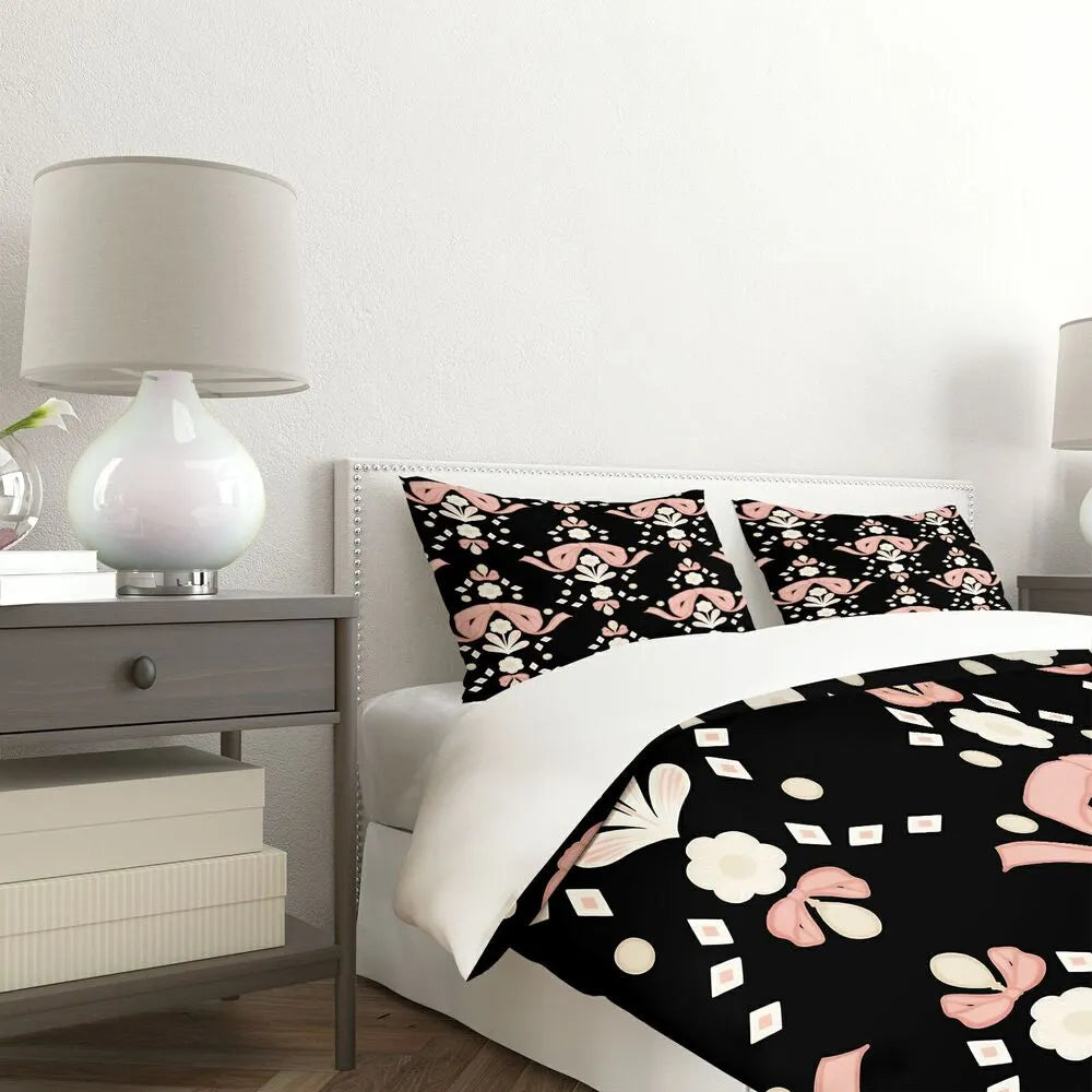 Christmas Vintage Pink Bow Floral Black Christmas Gift Duvet Cover Set Kids Bedding Set