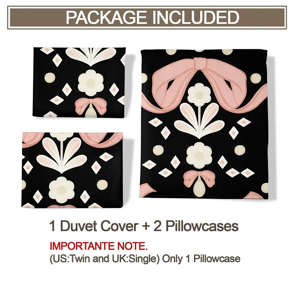 Christmas Vintage Pink Bow Floral Black Christmas Gift Duvet Cover Set Kids Bedding Set