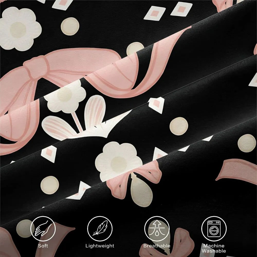 Christmas Vintage Pink Bow Floral Black Christmas Gift Duvet Cover Set Kids Bedding Set