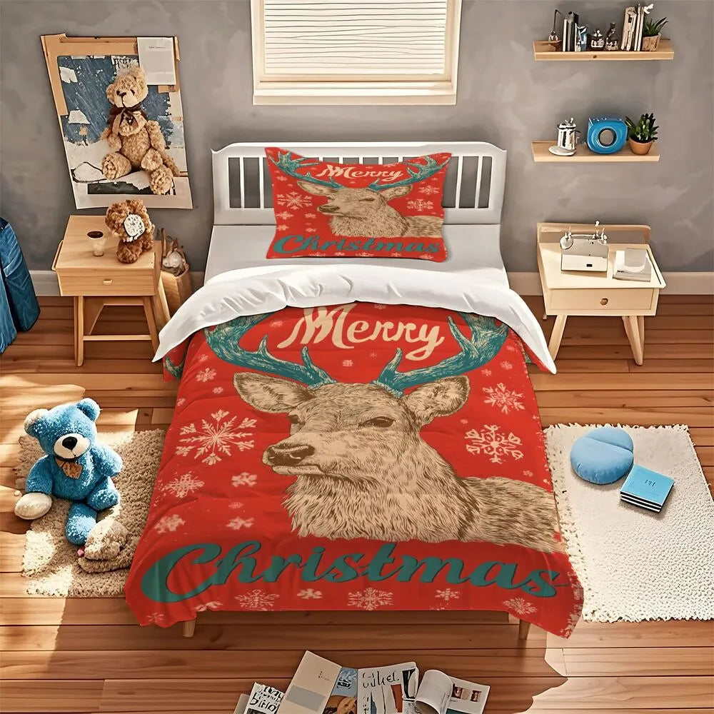 Christmas Vintage Reindeer Merry Christmas Gift Duvet Cover Set Kids Bedding Set