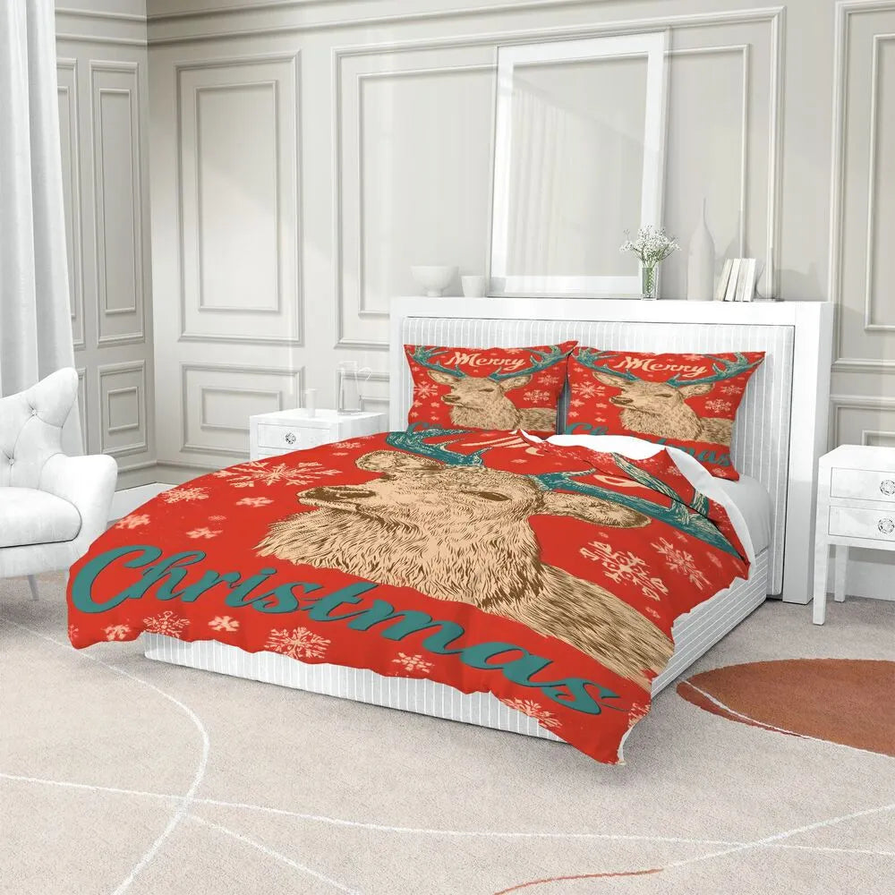 Christmas Vintage Reindeer Merry Christmas Gift Duvet Cover Set Kids Bedding Set