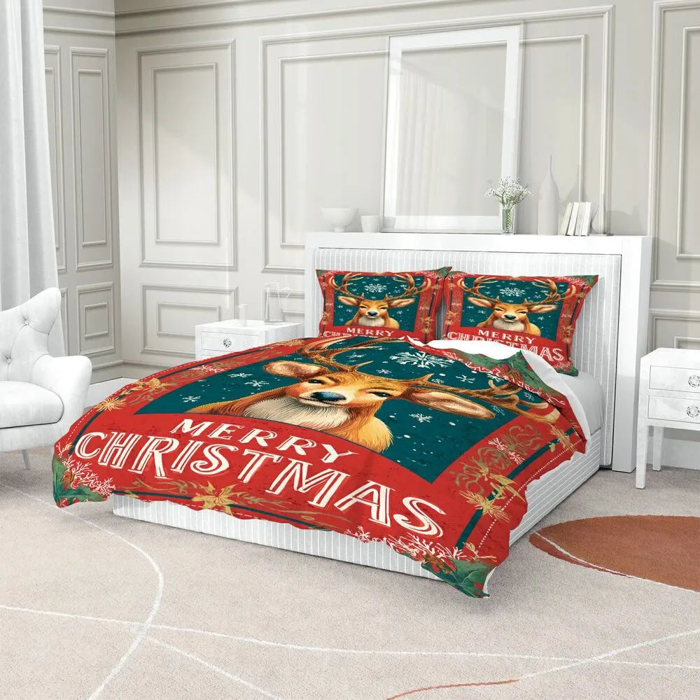 Christmas Vintage Reindeer Merry Christmas Red Teal Christmas Gift Duvet Cover Set Kids Bedding Set