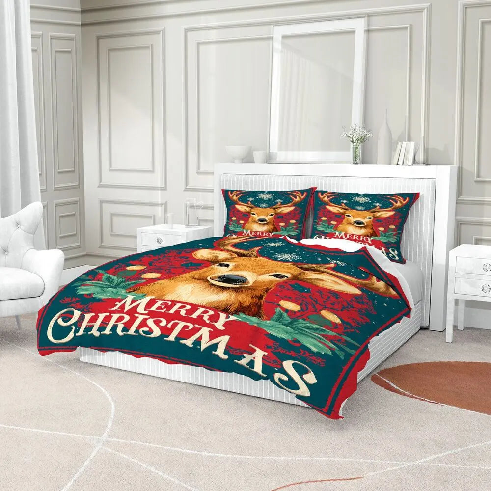 Christmas Vintage Reindeer Merry Christmas Red Teal Christmas Gift Duvet Cover Set Kids Bedding Set