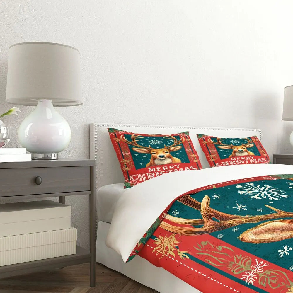 Christmas Vintage Reindeer Merry Christmas Red Teal Christmas Gift Duvet Cover Set Kids Bedding Set