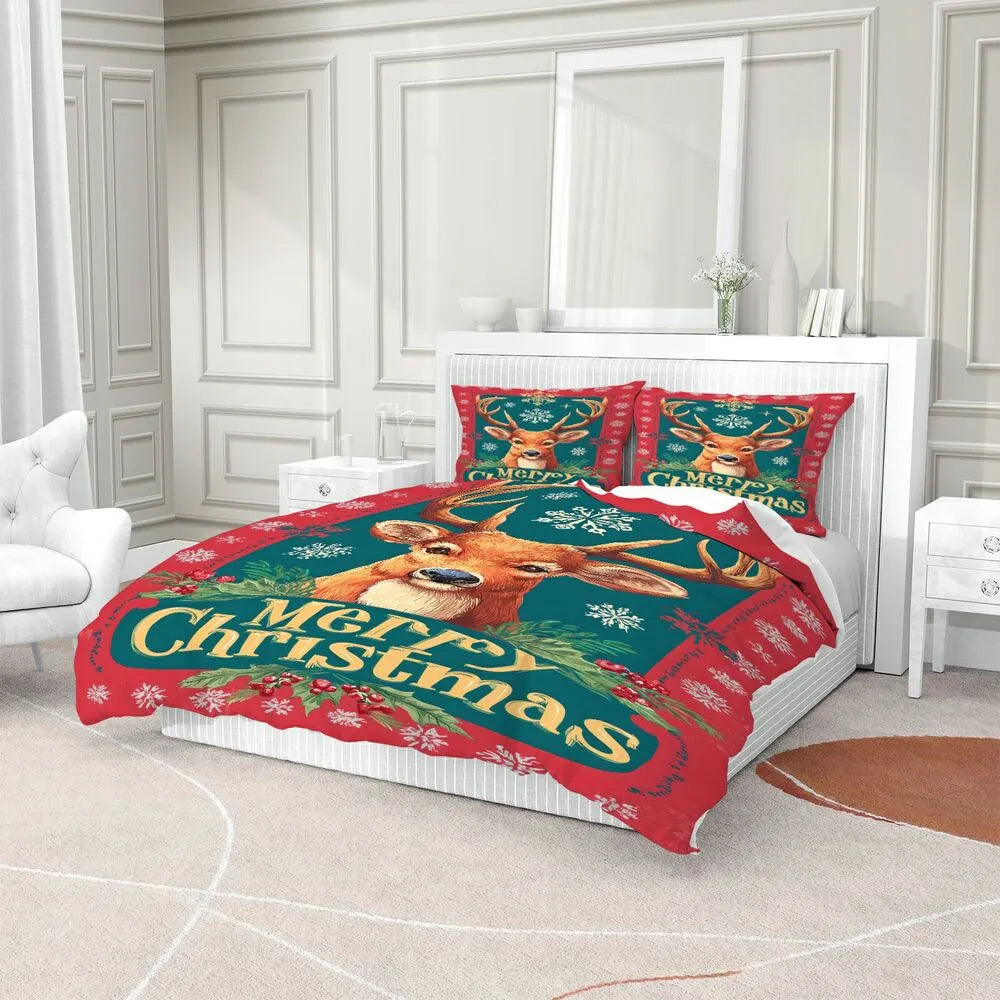 Christmas Vintage Reindeer Merry Christmas Red Teal Christmas Gift Duvet Cover Set Kids Bedding Set