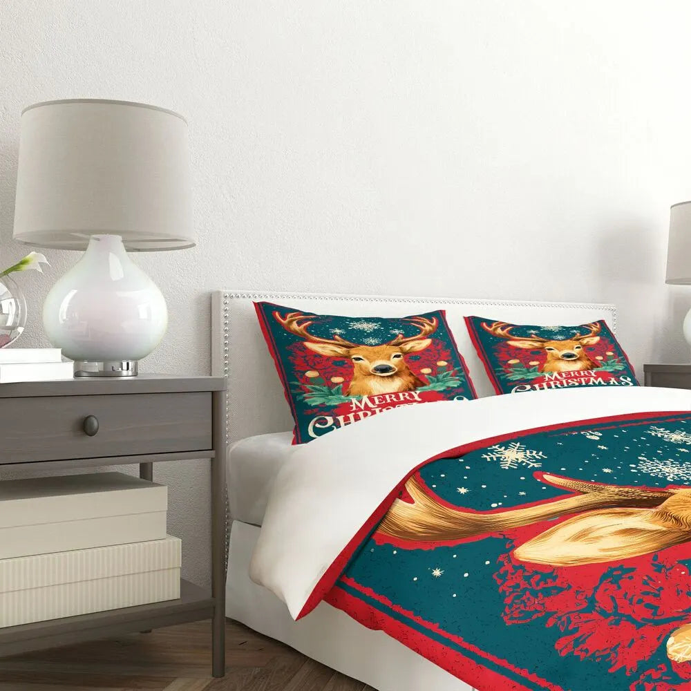 Christmas Vintage Reindeer Merry Christmas Red Teal Christmas Gift Duvet Cover Set Kids Bedding Set