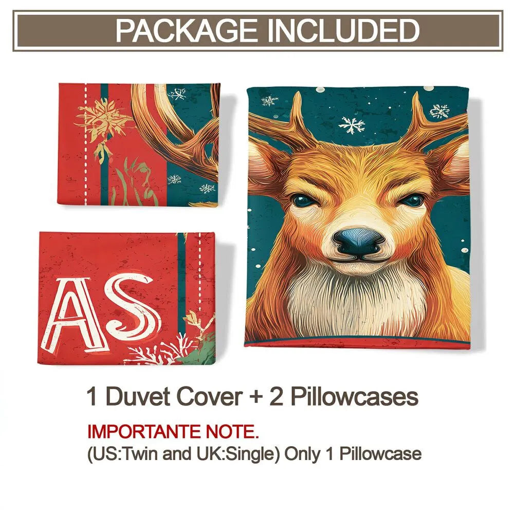 Christmas Vintage Reindeer Merry Christmas Red Teal Christmas Gift Duvet Cover Set Kids Bedding Set