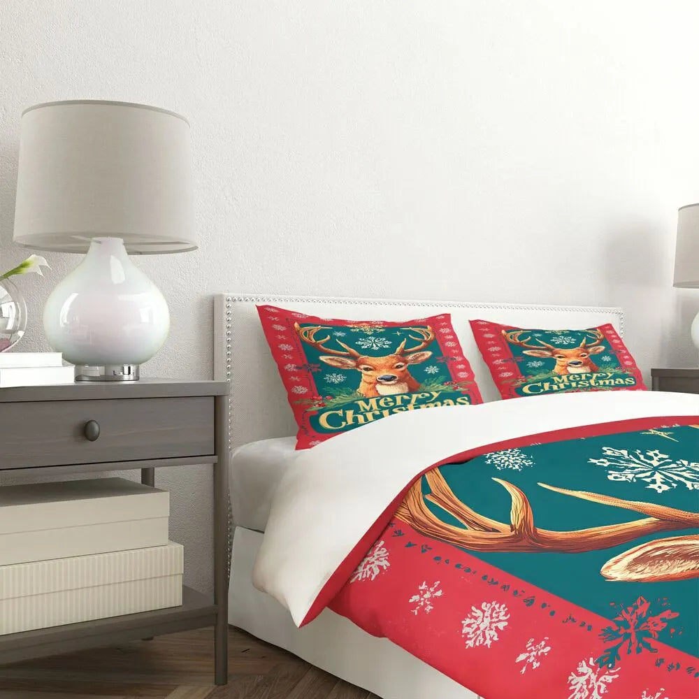 Christmas Vintage Reindeer Merry Christmas Red Teal Christmas Gift Duvet Cover Set Kids Bedding Set